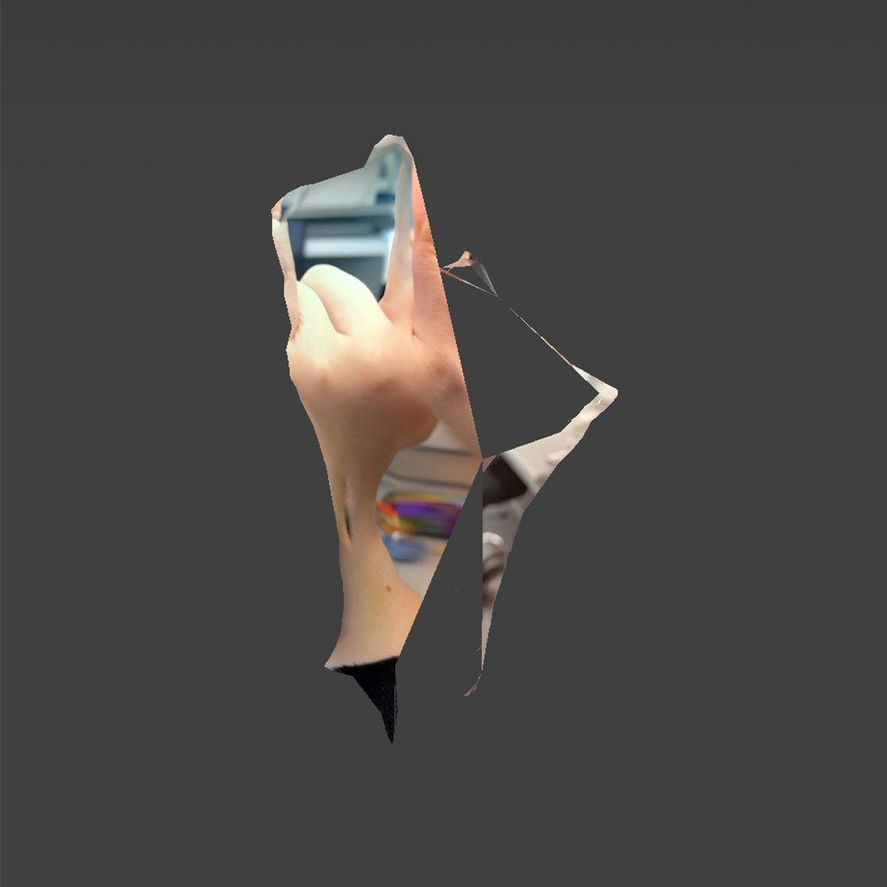 Rendered scan of the back of the hand in scaniverse with the hand making the asl sign for love.